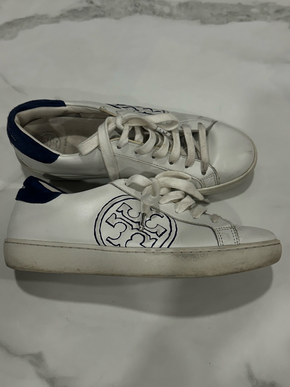 Tory Burch White Leather Sneakers with Navy Logo Accent